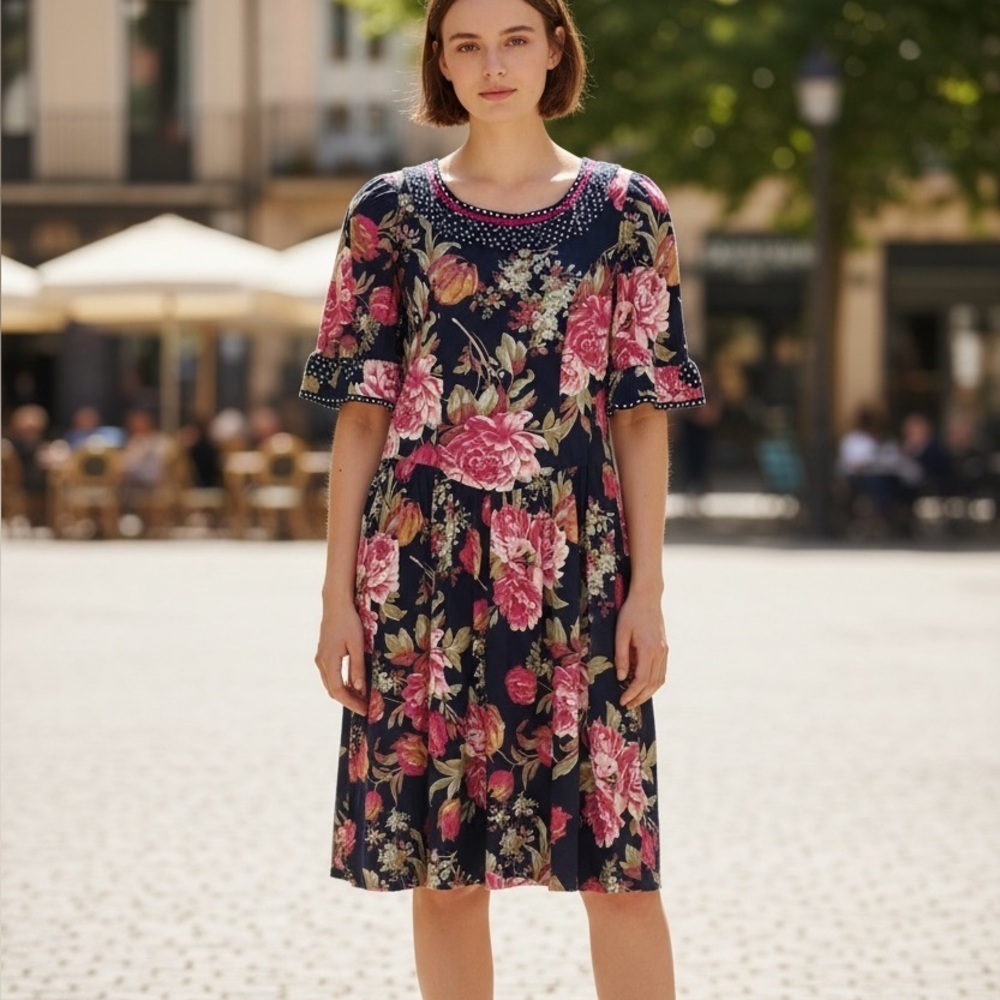 Vintage Act 1 Floral Polka Dot Prairie A-Line Midi Dress